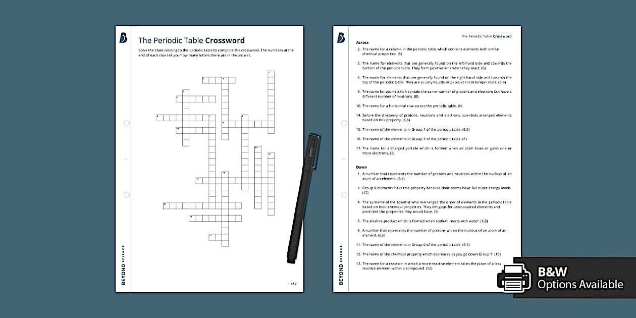 The Periodic Table Crossword GCSE Chemistry Beyond