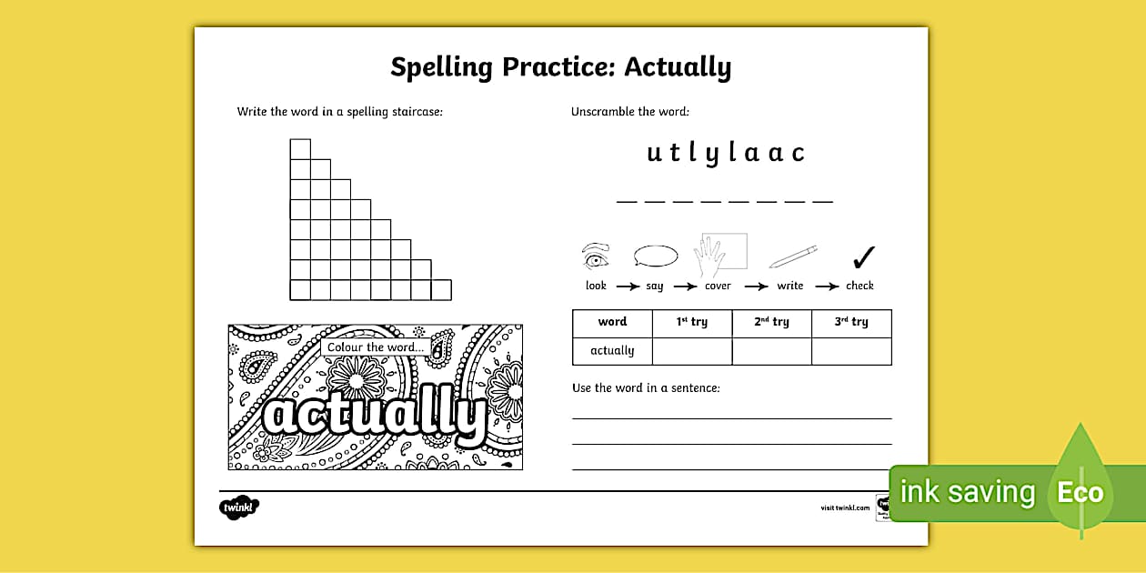 Actually Spelling Practice Worksheet (teacher made) - Twinkl