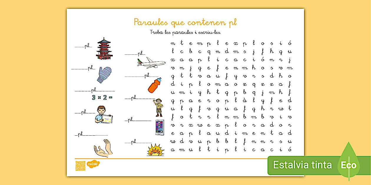 Sopa de lletres: Paraules que contenen pl - Català - Twinkl