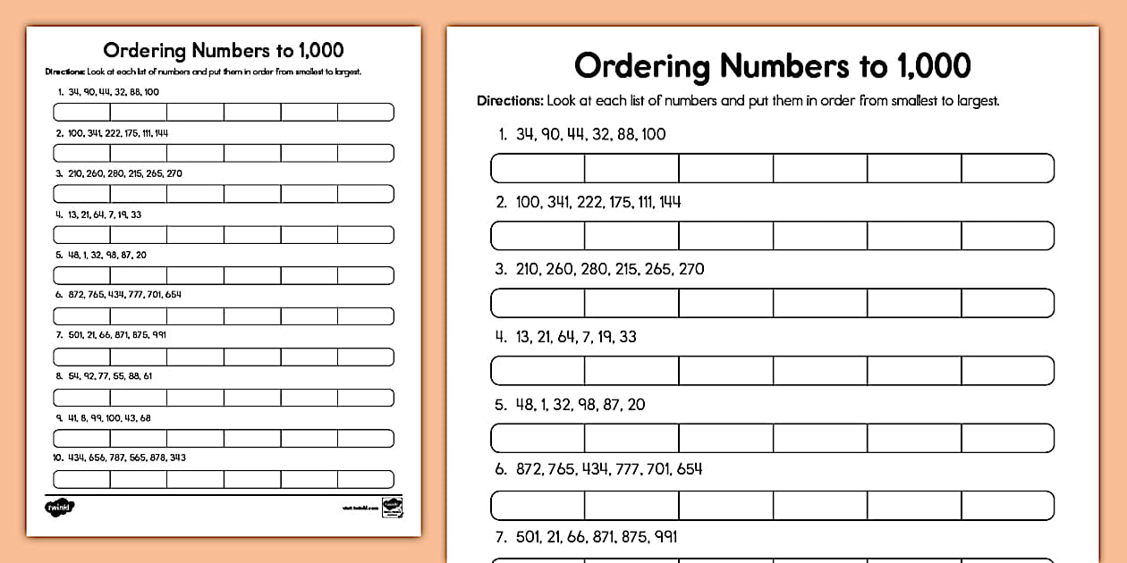Second Grade Ordering Numbers to 1 000 Worksheet Twinkl