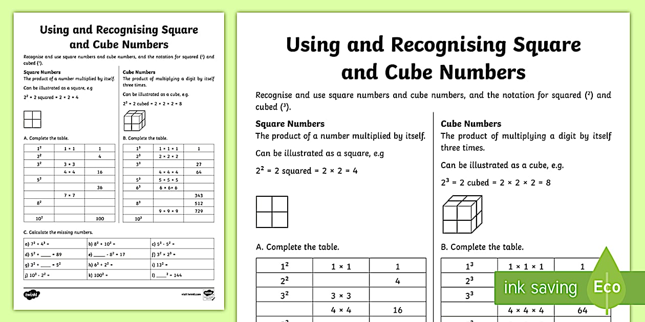Editable Using and Recognising Square and Cube Numbers Worksheet