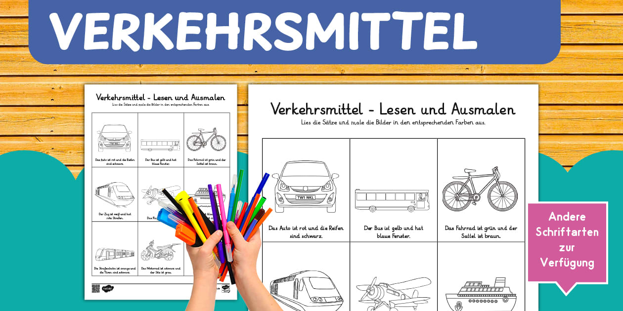 Verkehrsmittel - Lesen und Ausmalen Arbeitsblatt