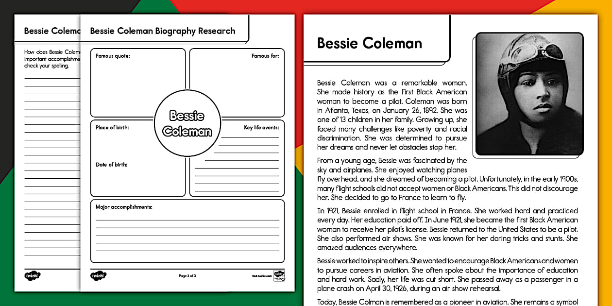 Bessie Coleman Biography Passage and Worksheets for 3rd 5th