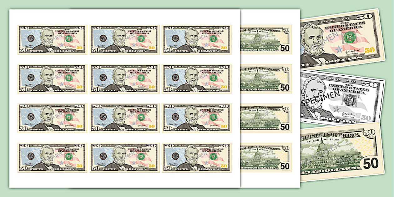 50 Dollar Bill Printable Play Money for Kids Twinkl USA