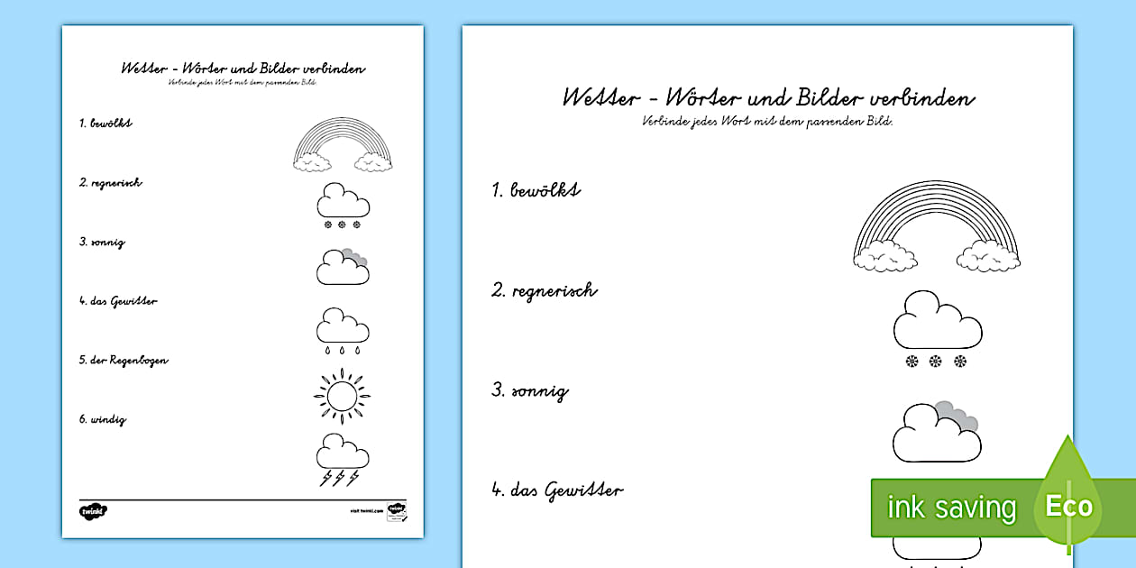 Wetter: Wörter und Bilder verbinden Arbeitsblatt - Twinkl