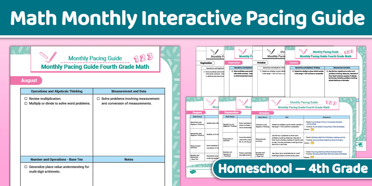 Monthly Interactive Pacing Guide for Homeschool Fourth Math