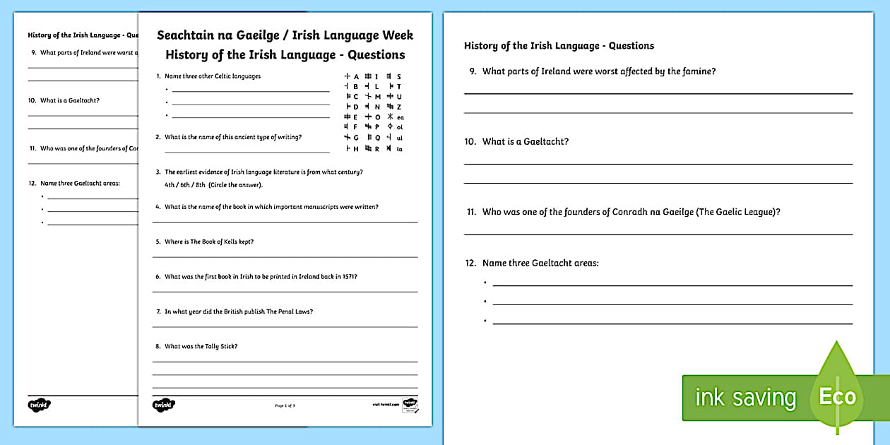 The History of The Irish Language Worksheet / Worksheet - ROI - Irish ...