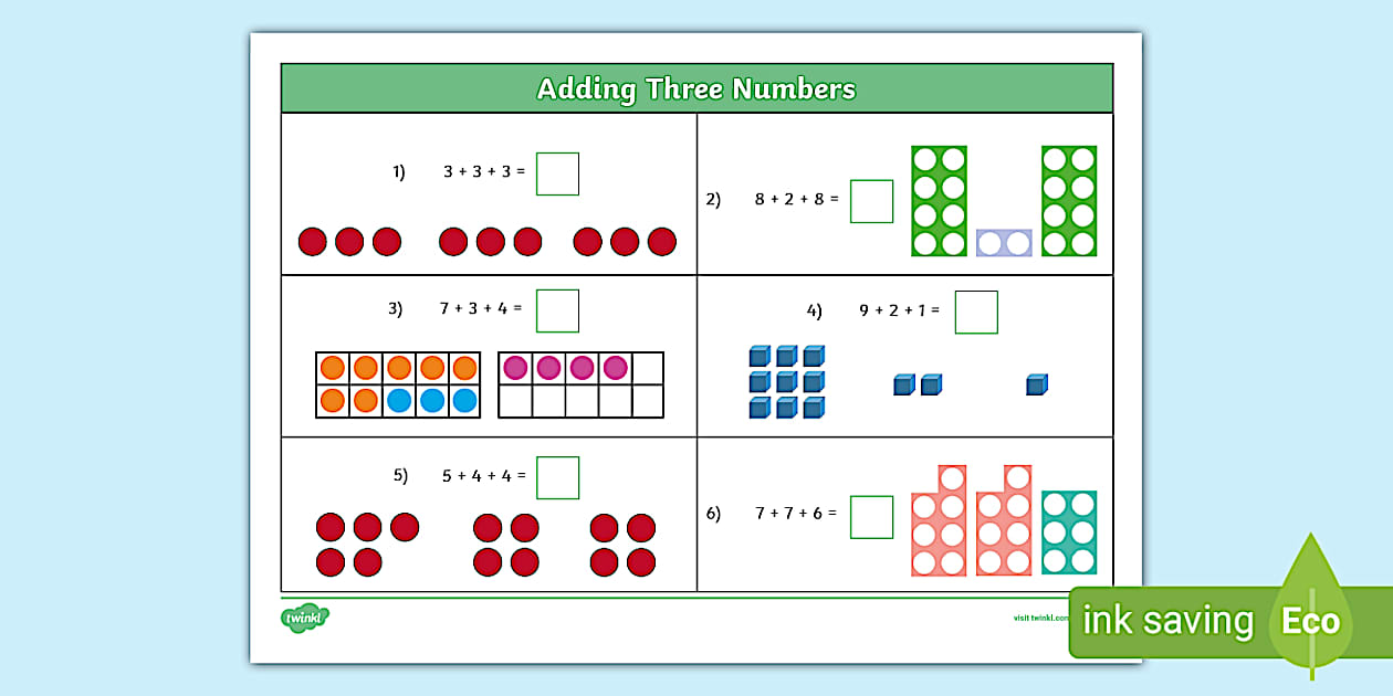  year 2 adding three numbers activity sheet twinkl