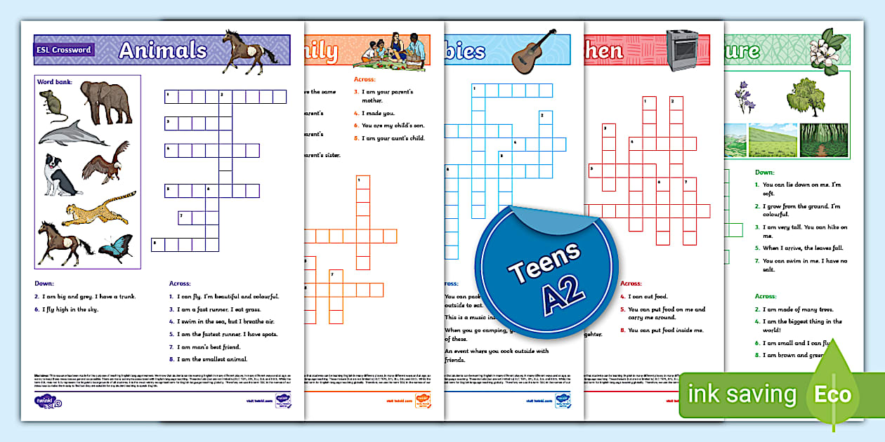 ESL Crossword Puzzle Pack Teens A2 Twinkl
