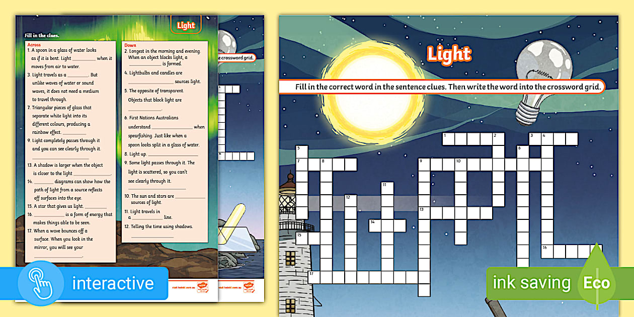 Light Crossword (teacher made) Twinkl