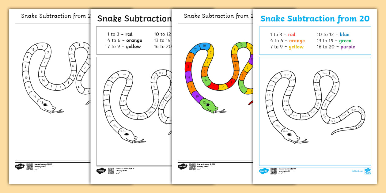 Colour Subtraction from 20 Snake Worksheet / Worksheet