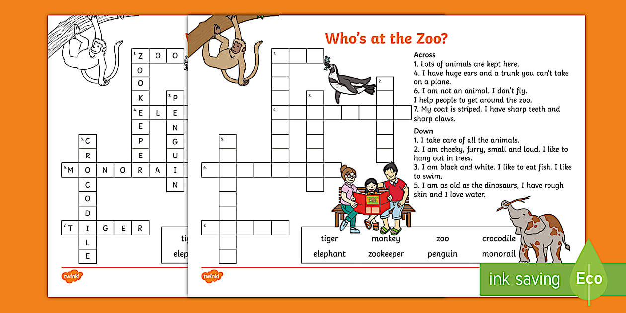 Black and White Who #39 s at the Zoo? Crossword Twinkl
