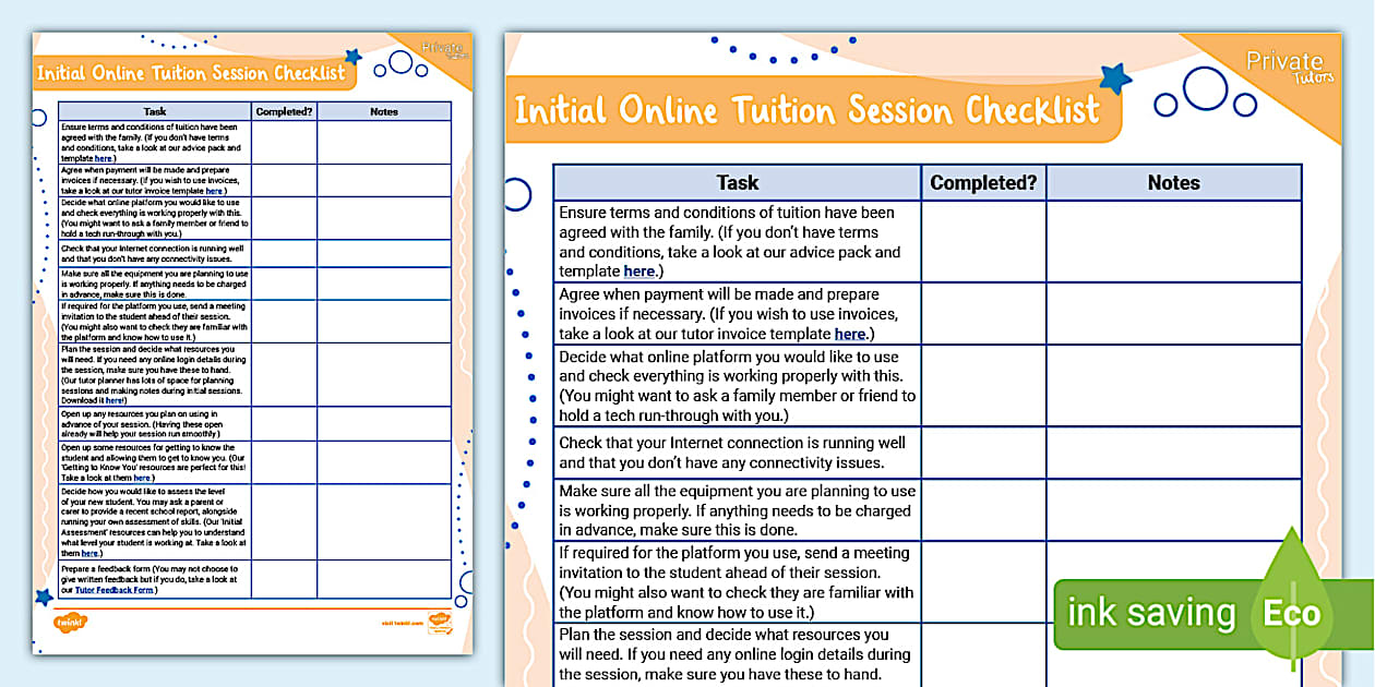 Initial Online Tuition Session Checklist (teacher made)