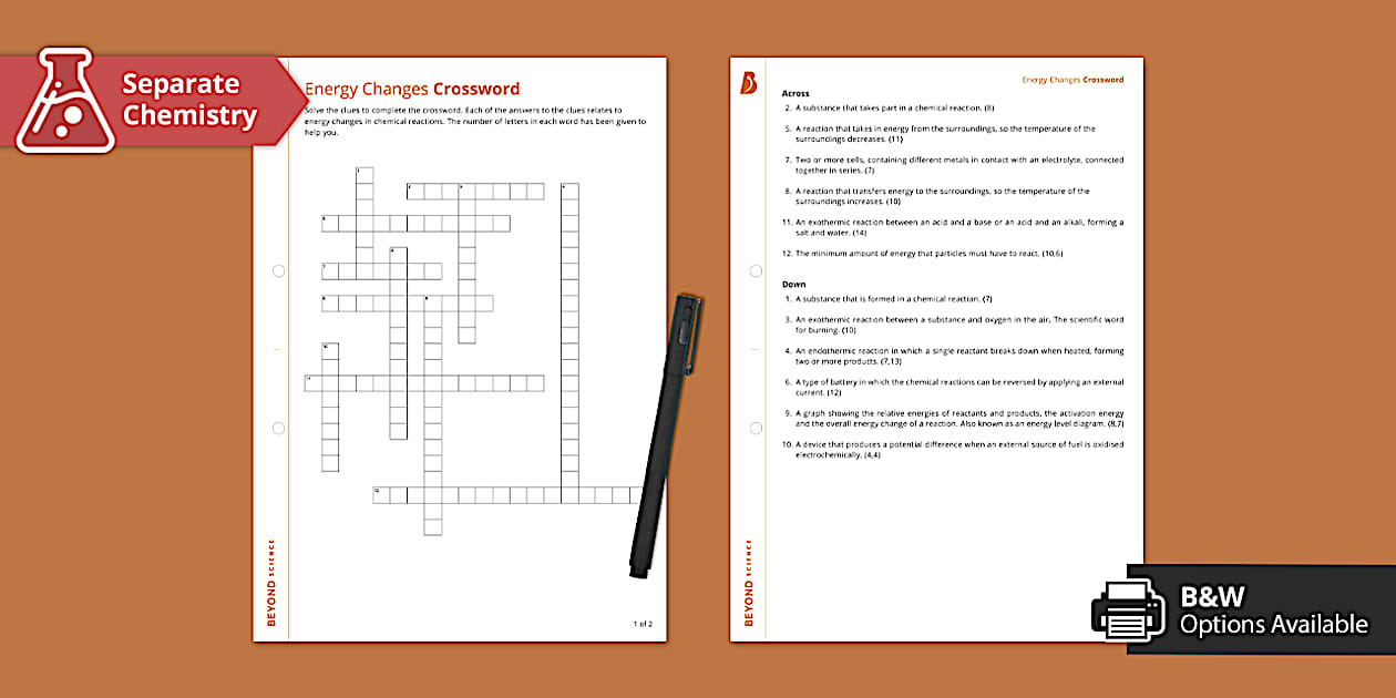 Energy Changes Crossword (Separate) (teacher made) Twinkl