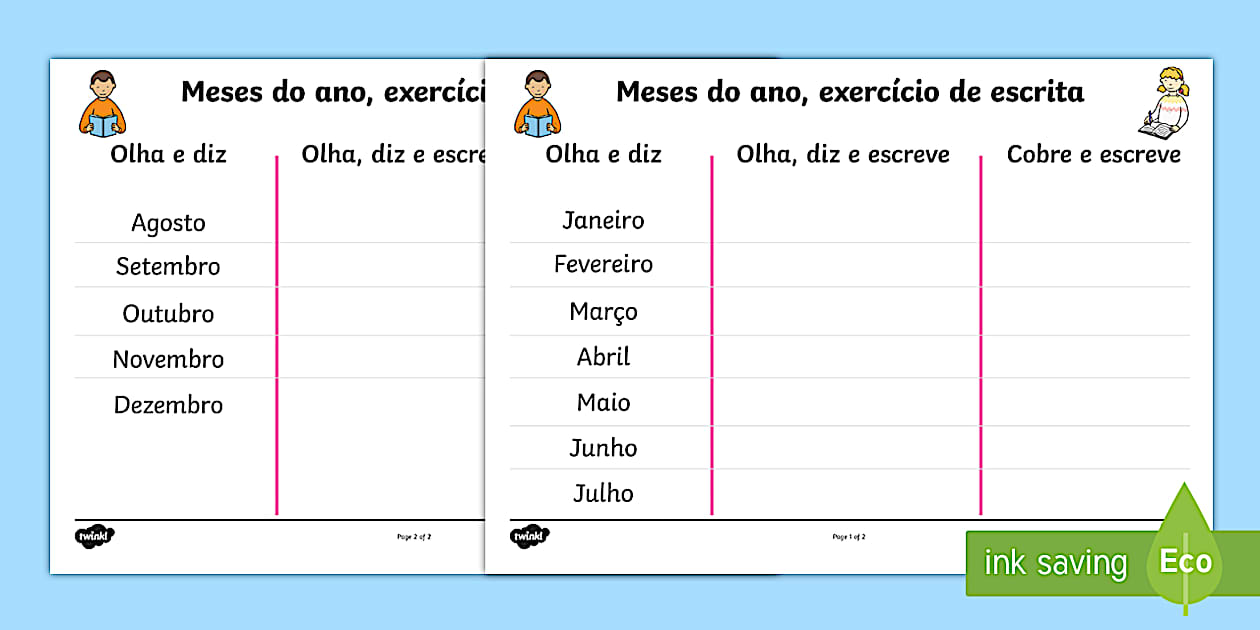 Meses do ano, atividade de escrita prática portuguese translation