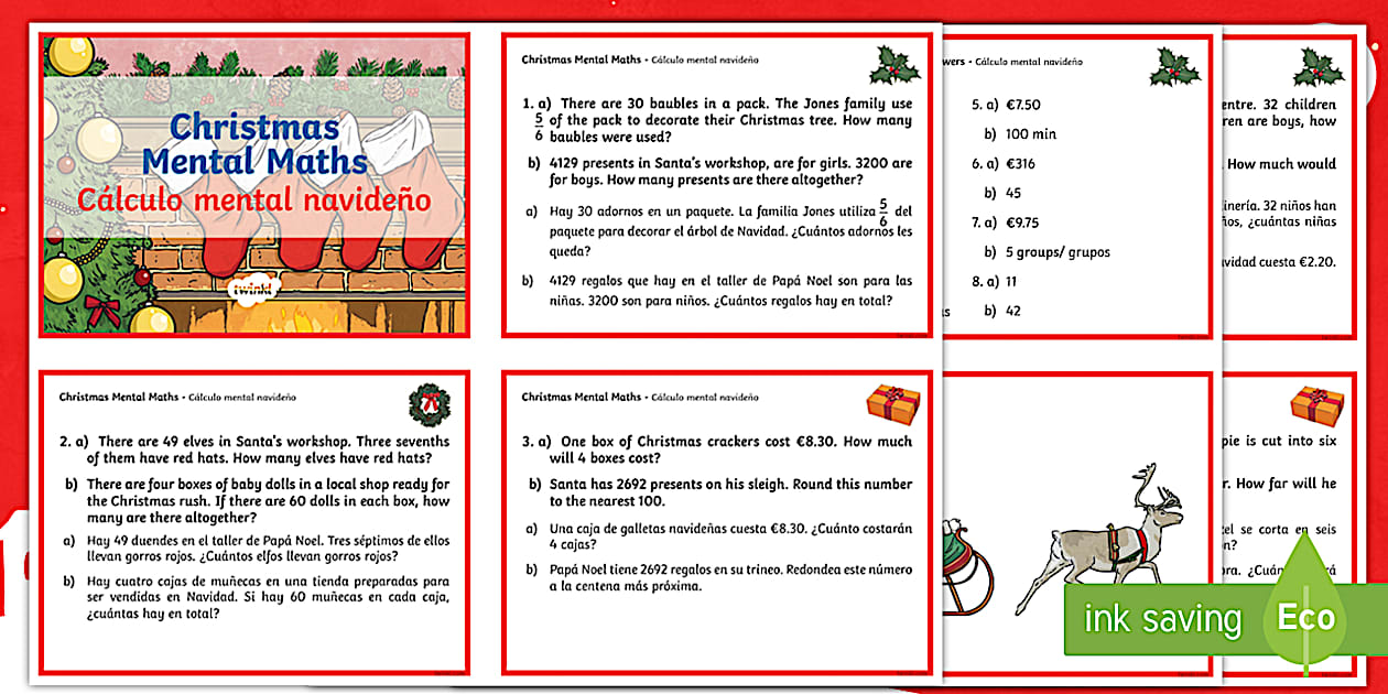 Year 4 Christmas Mental Maths Challenge Cards English/Spanish