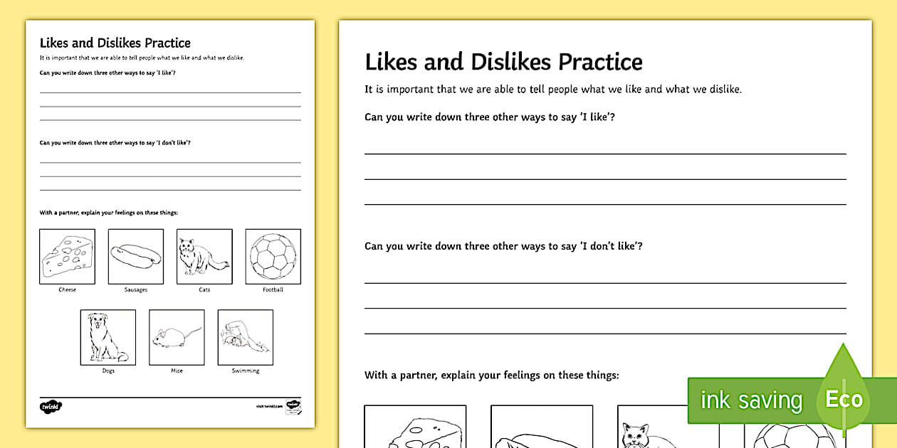 Likes and Dislikes Practice Worksheet / Worksheet - Twinkl