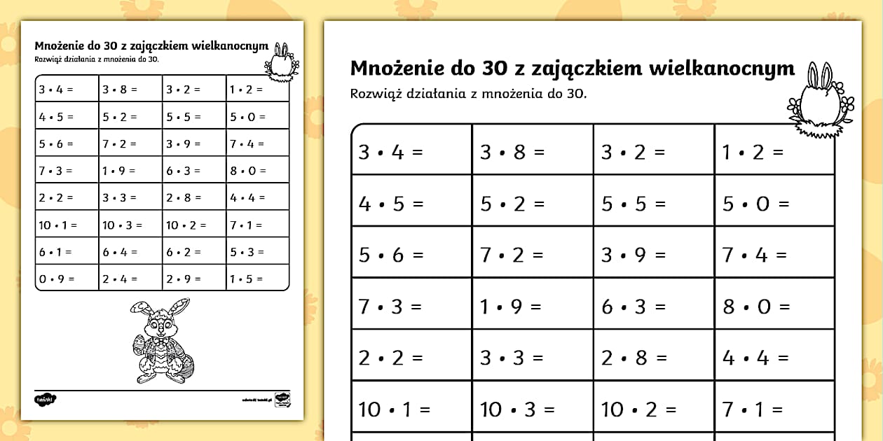 Matzoo Klasa 2 Mnozenie Do 30 - Mnożenie do 30 | Zajączek Wielkanocny | Karta pracy