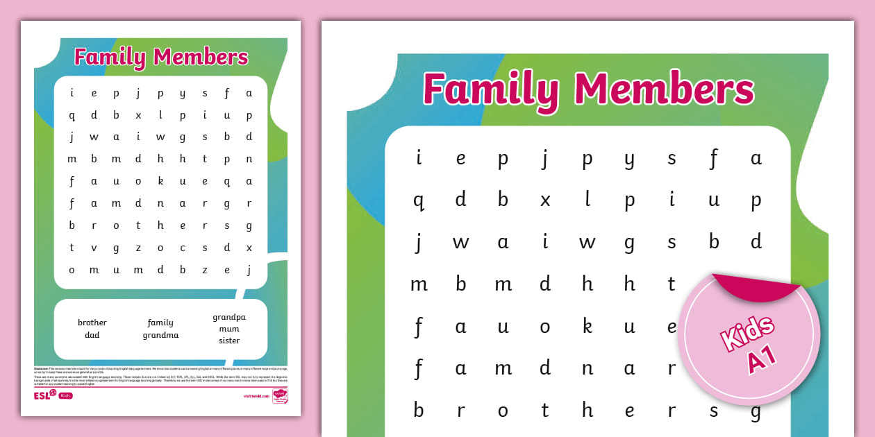 ESL Family Members Word Search Kids A1 (teacher made)