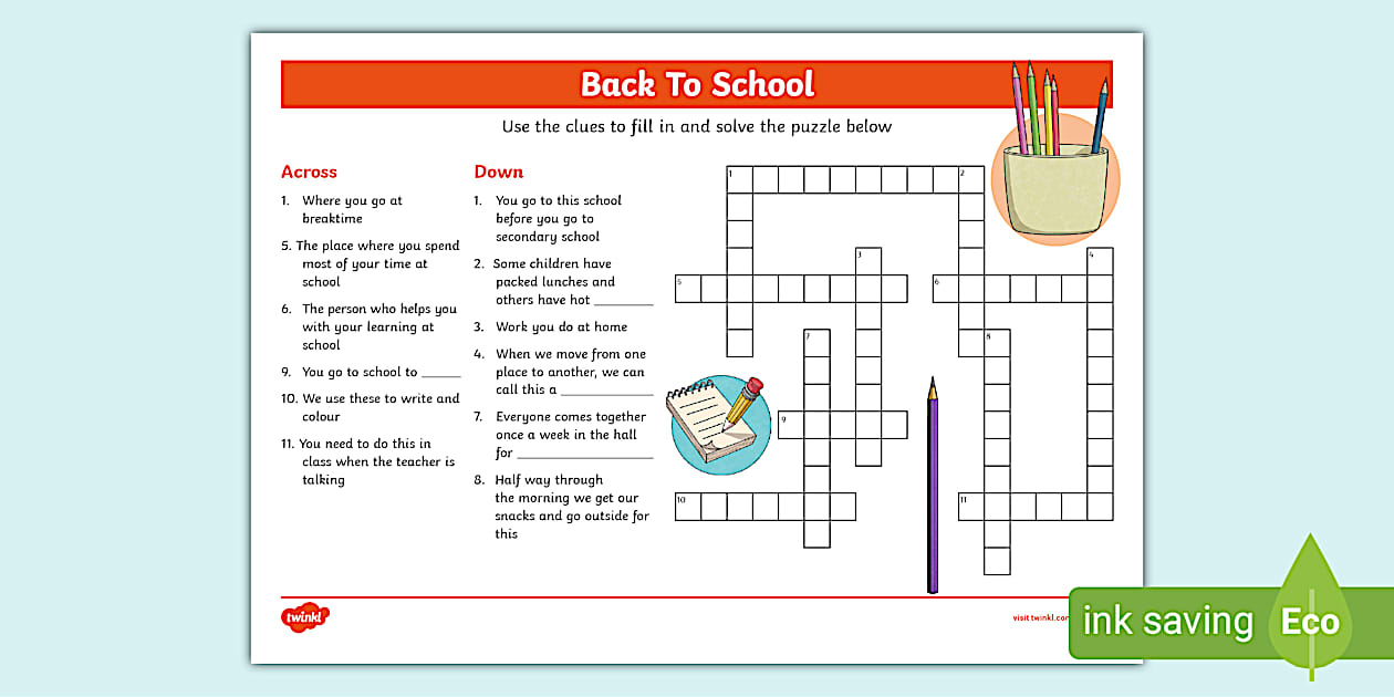 Back To School Crossword Puzzle (l #39 enseignant a fait)