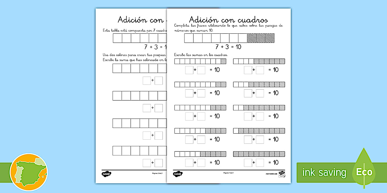 Fichas de actividad: Sumas a 10 con cuadros