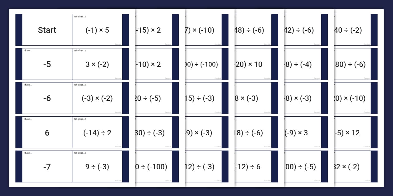 Multiplying and Dividing Negative Numbers Loop Cards
