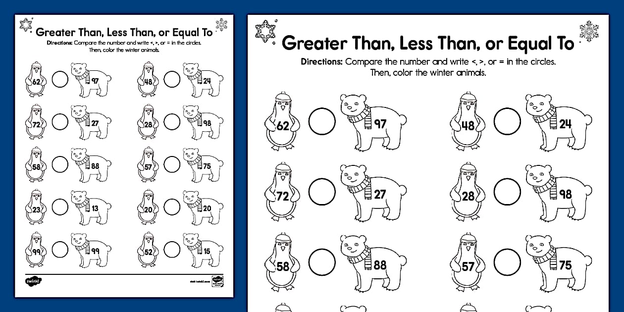 First Grade Winter Animals Comparing Two Digit Numbers
