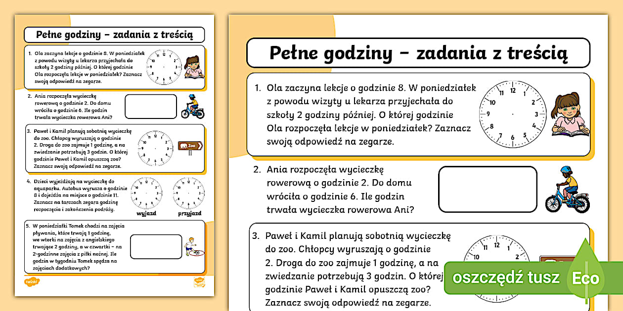 Obliczenia Zegarowe Klasa 3 Karty Pracy Pełne godziny | Zadania z treścią | Edukacja matematyczna