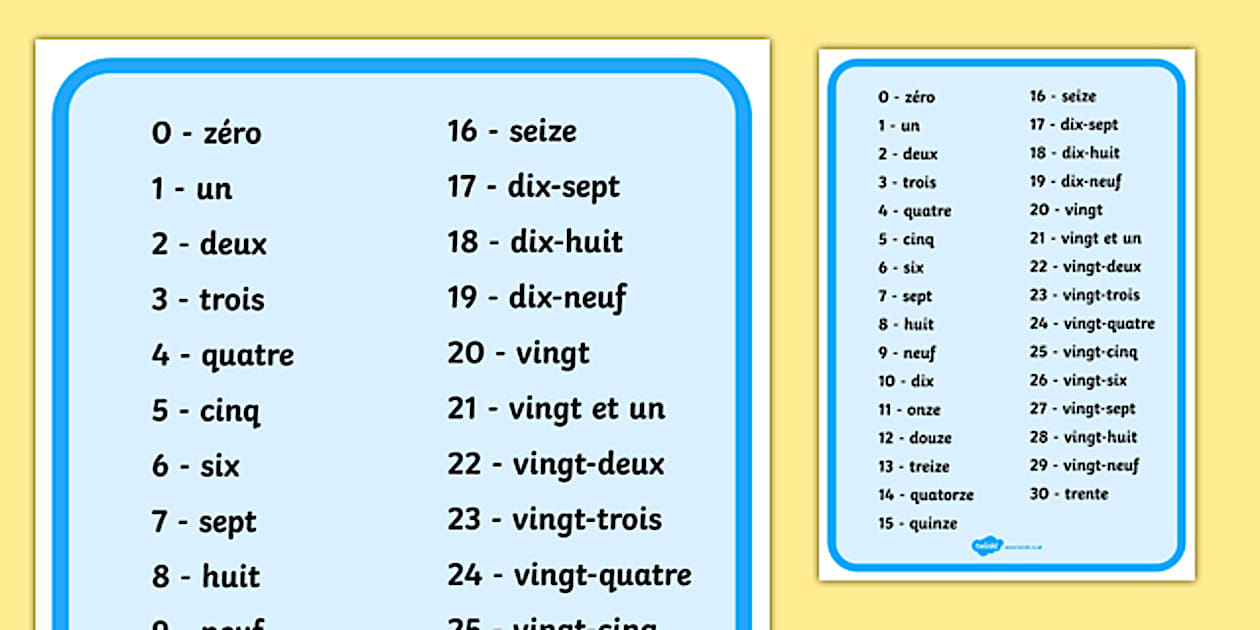 Numbers to thirty from one in french word mat twinkl