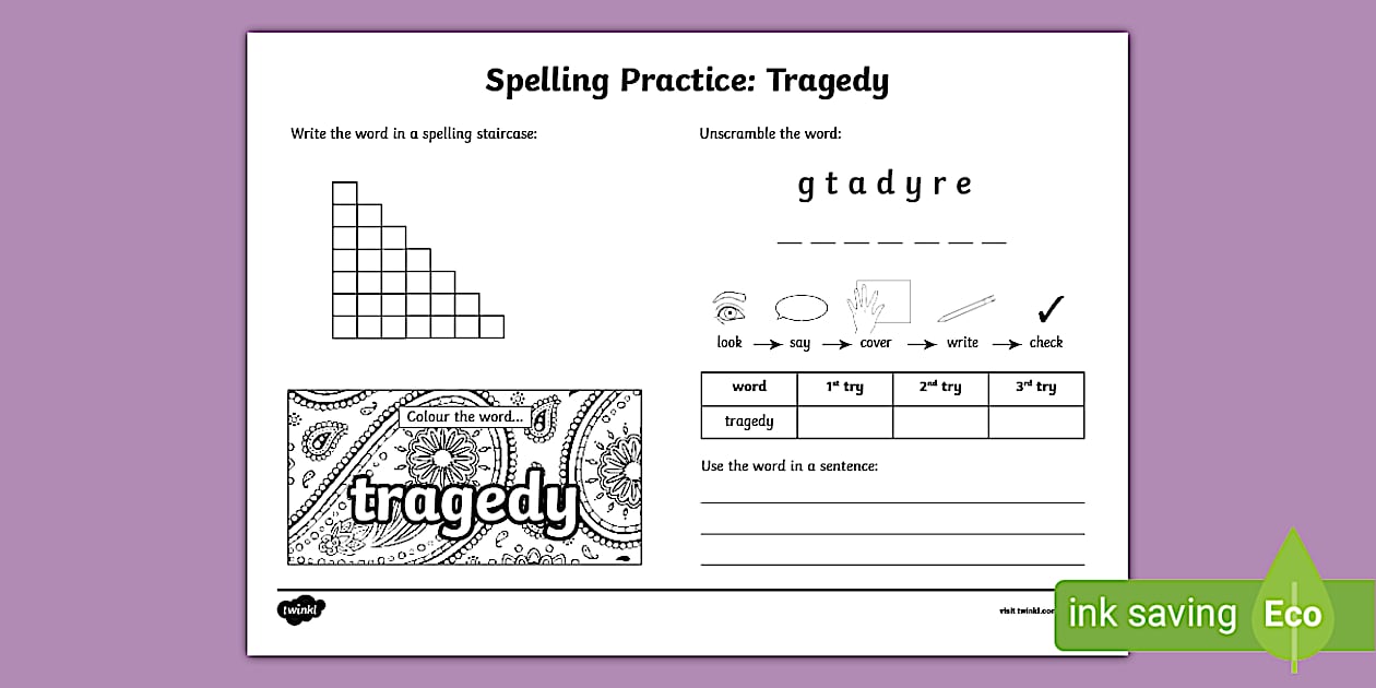 Tragedy Spelling Practice Worksheet (teacher made) Twinkl