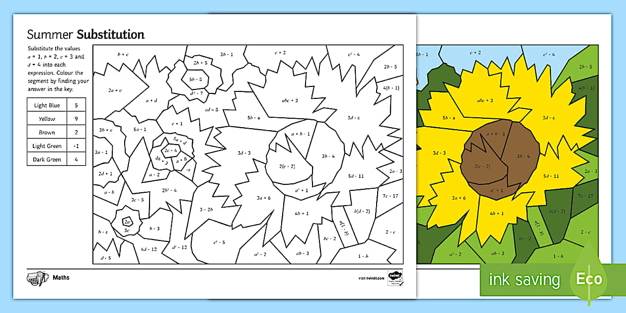 Summer Maths: Substitution Colour by Number - Twinkl