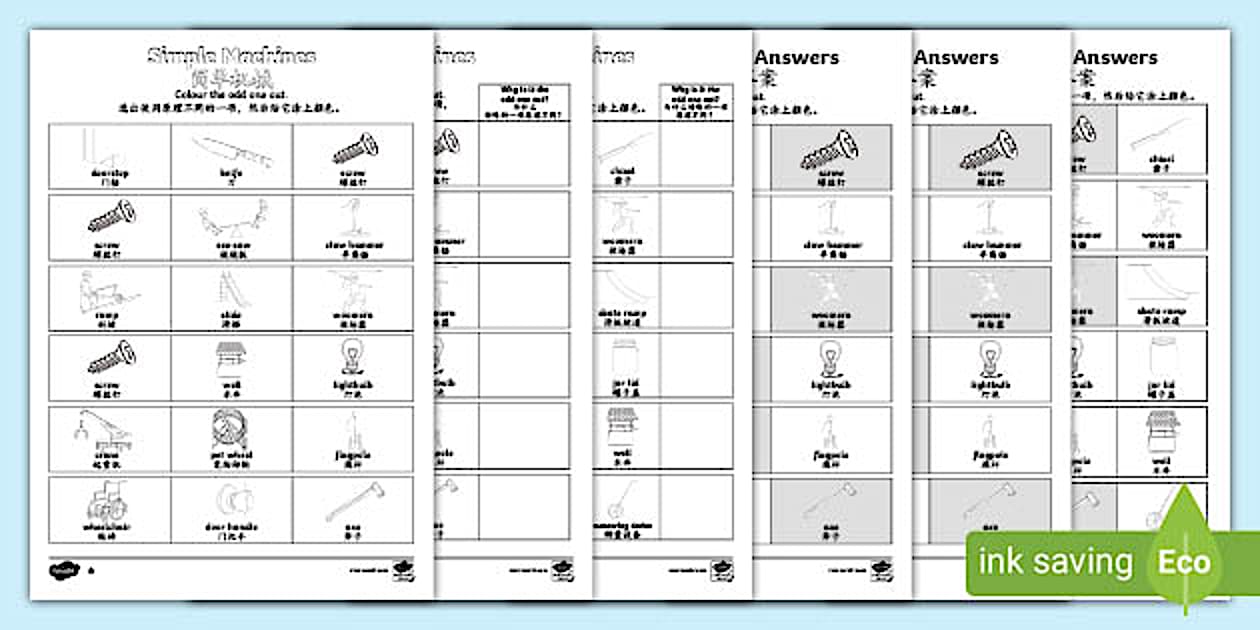 Simple Machines Odd One Out Worksheets - English/Mandarin Chinese
