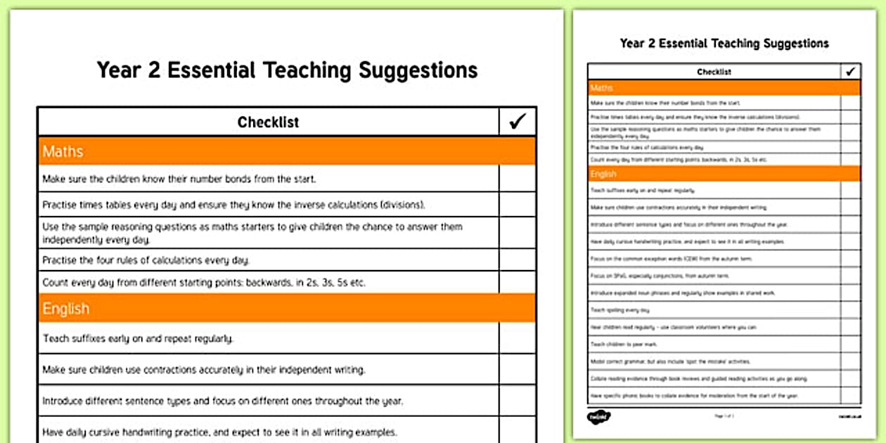 Year 2 Teaching Tips - Essential Suggestions Checklist