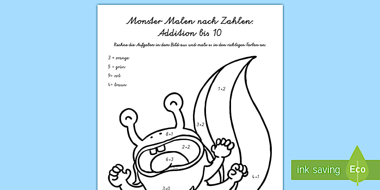 Monster Addition bis 10 Malen nach Zahlen - Twinkl