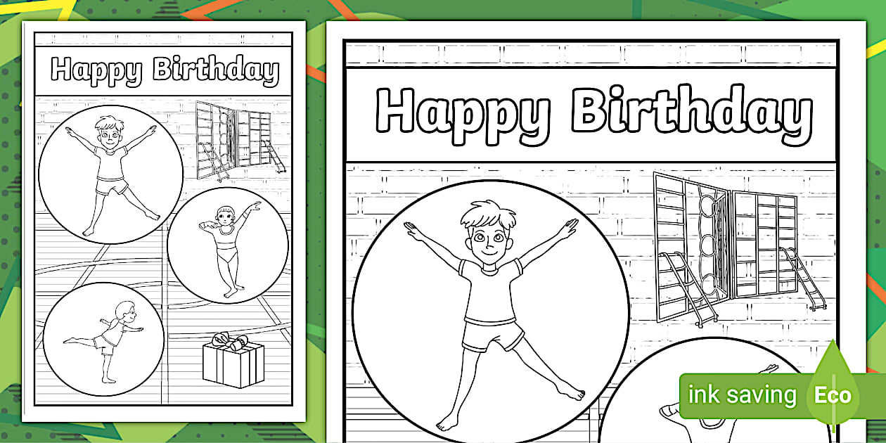 Gymnastics Birthday Cards To Colour (teacher made) - Twinkl