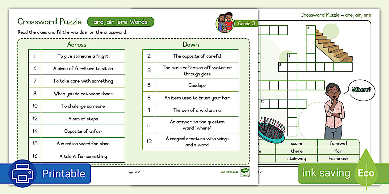 Grade 3 Phonics Crossword Puzzle: are air ere Twinkl