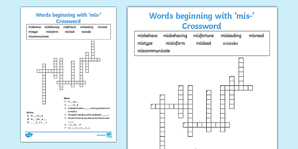 Black and White Words Beginning With #39 mis #39 Crossword
