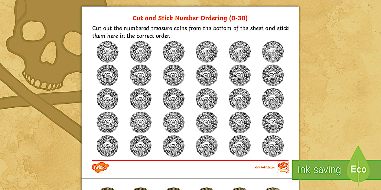 Pirate-Themed Cut and Stick Number Ordering 0 to 30 Activity