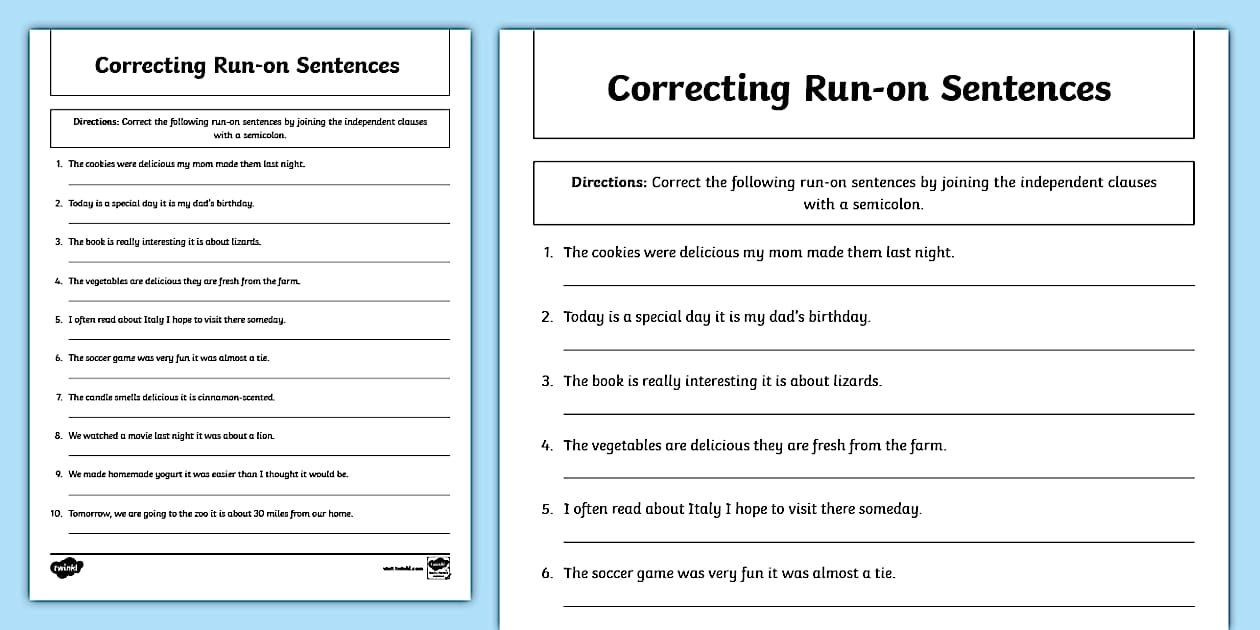 Run on Sentence Worksheet 4th Grade Twinkl USA Twinkl