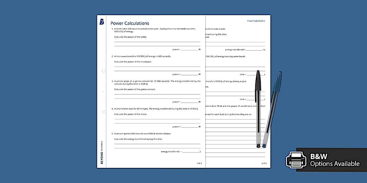 Calculating Power Worksheet (teacher made) - Twinkl
