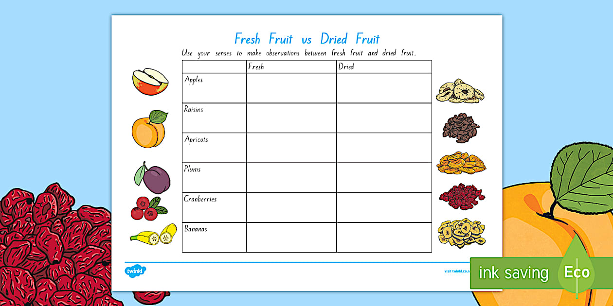 Fresh and Dried Fruit Comparison Table Activity