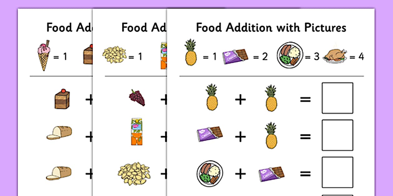 Black and White Food Themed Addition with Pictures Worksheet Pack