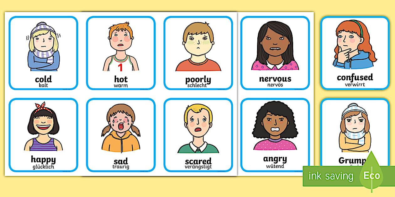 Black and White Feelings and Emotions Cards English/German