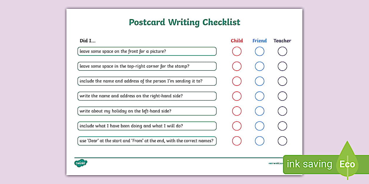 Postcard Writing Checklist - KS1 - Writing - English