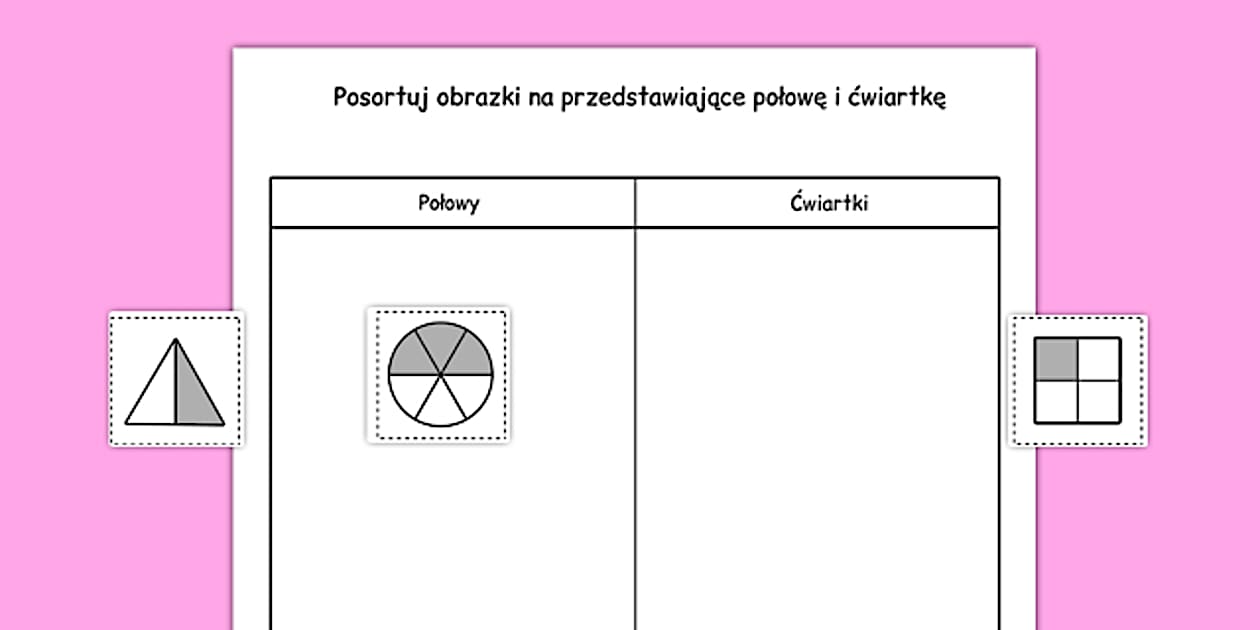 Zadanie na sortowanie Połowy i ćwiartki po polsku - ułamki