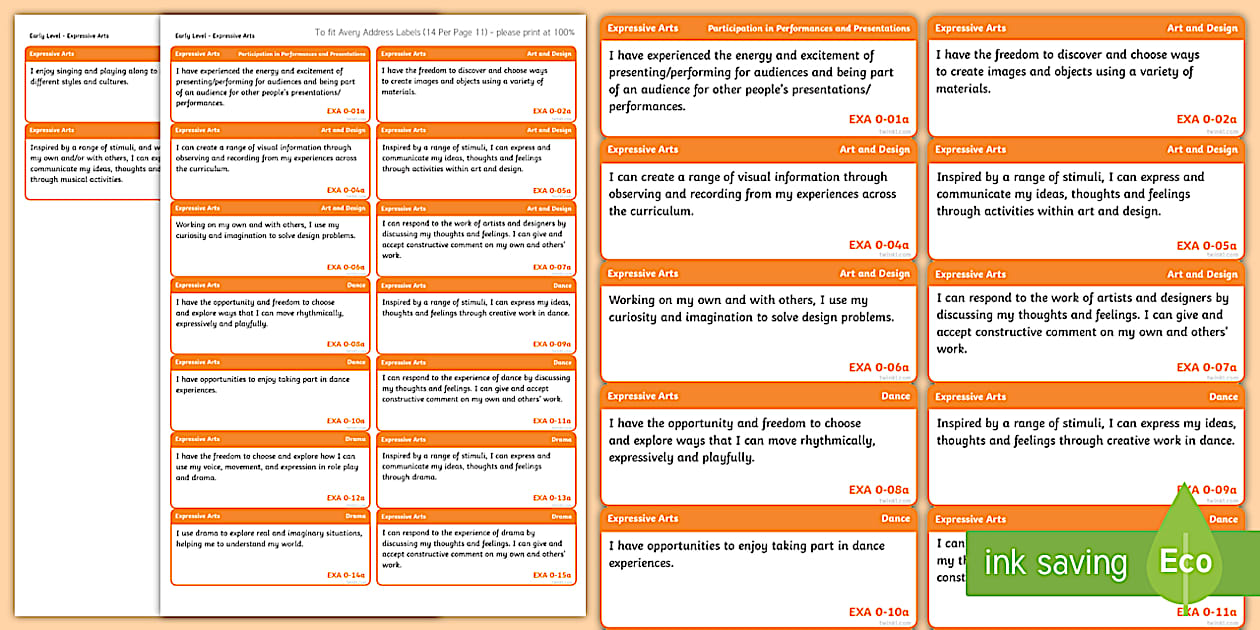 Outcome Measure Sticker Editable CfE Early Level Expressive Arts Experiences and Outcomes Stickers