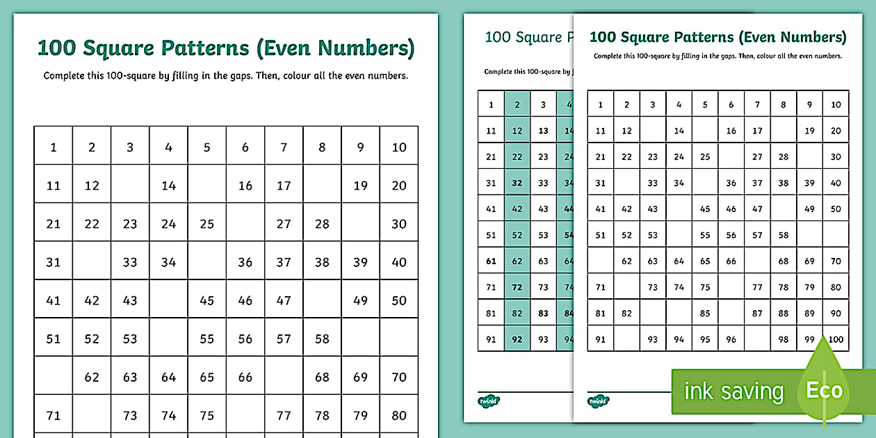 Algebra - 100 Square Patterns (Even Numbers) Worksheet