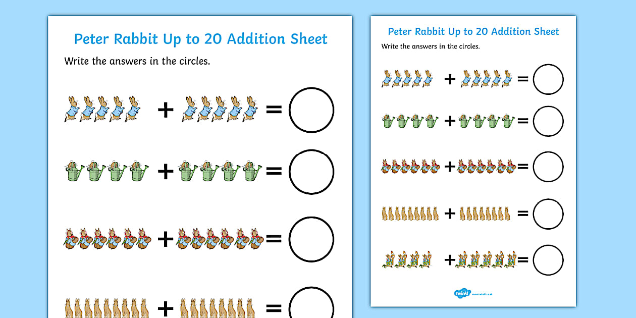 Black and White The Tale of Peter Rabbit Up to 20 Addition Sheet