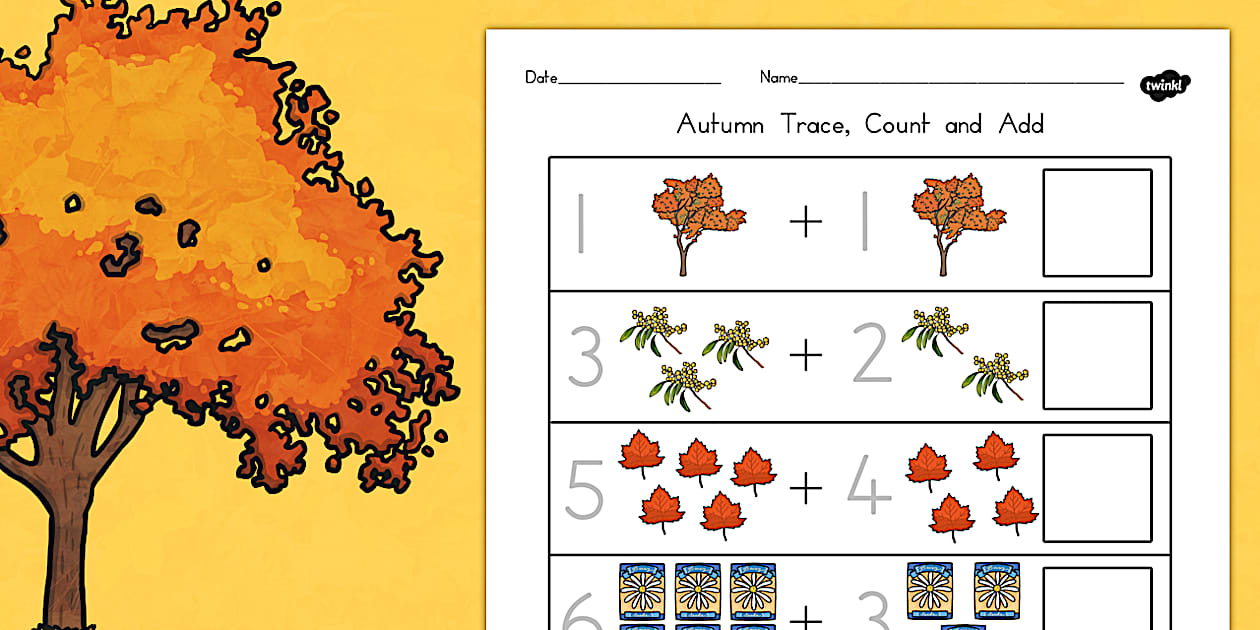 Autumn Trace Count and Add Worksheet (teacher made) - Twinkl