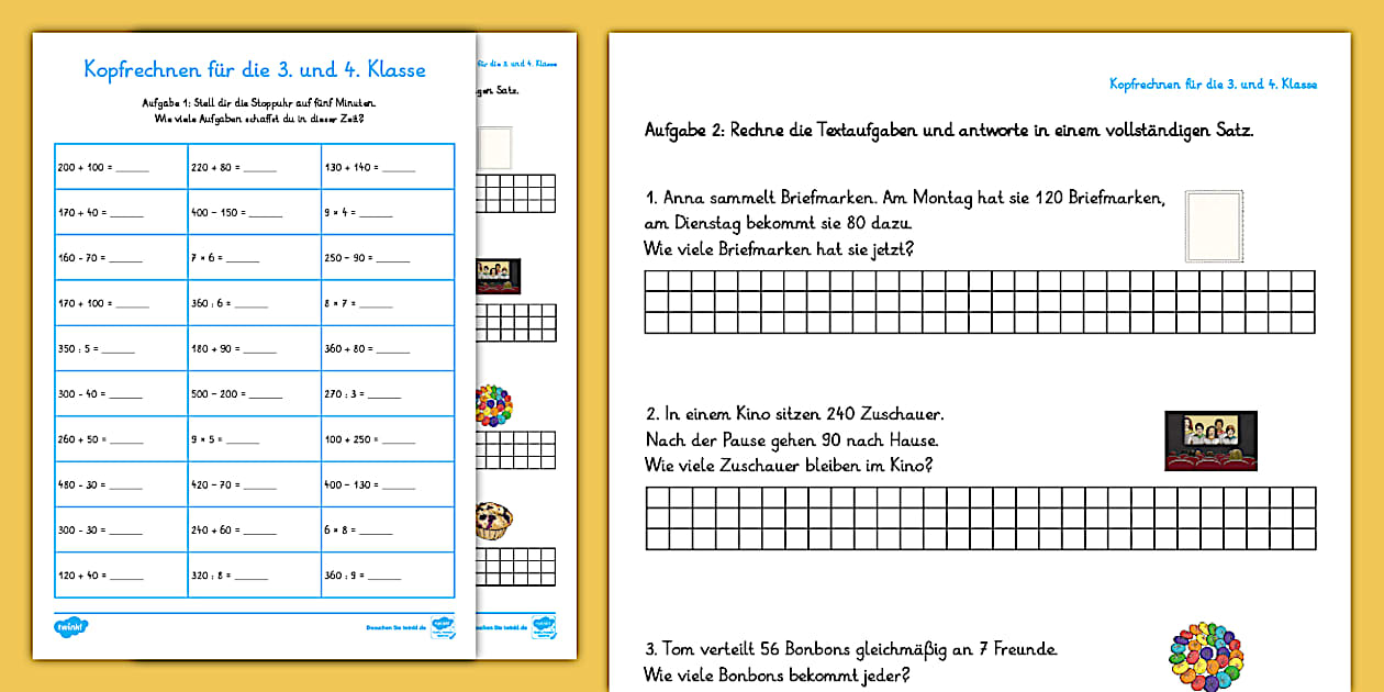 Kopfrechnen für die 3. und 4. Klasse - Arbeitsblatt